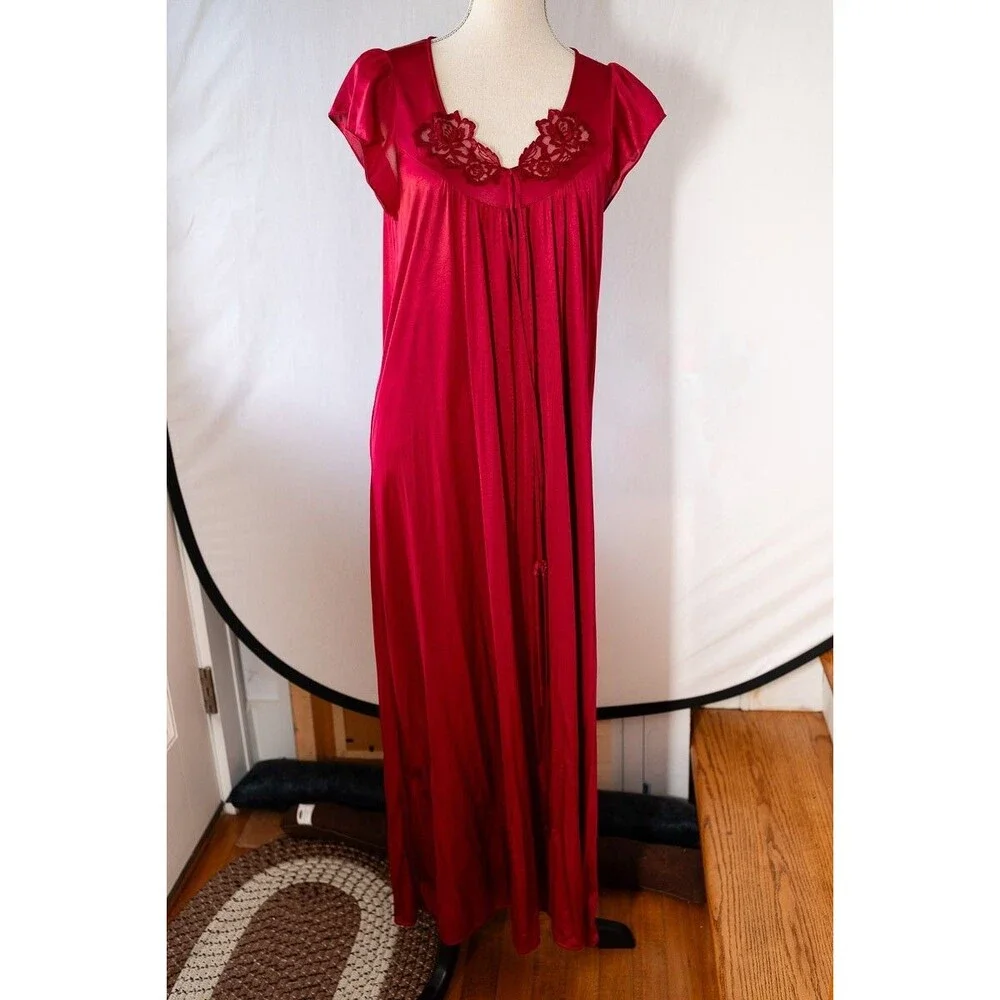 Vintage Red nightgown slip dress Barad & Co M union made womens lace short sleev - Picture 1 of 7
